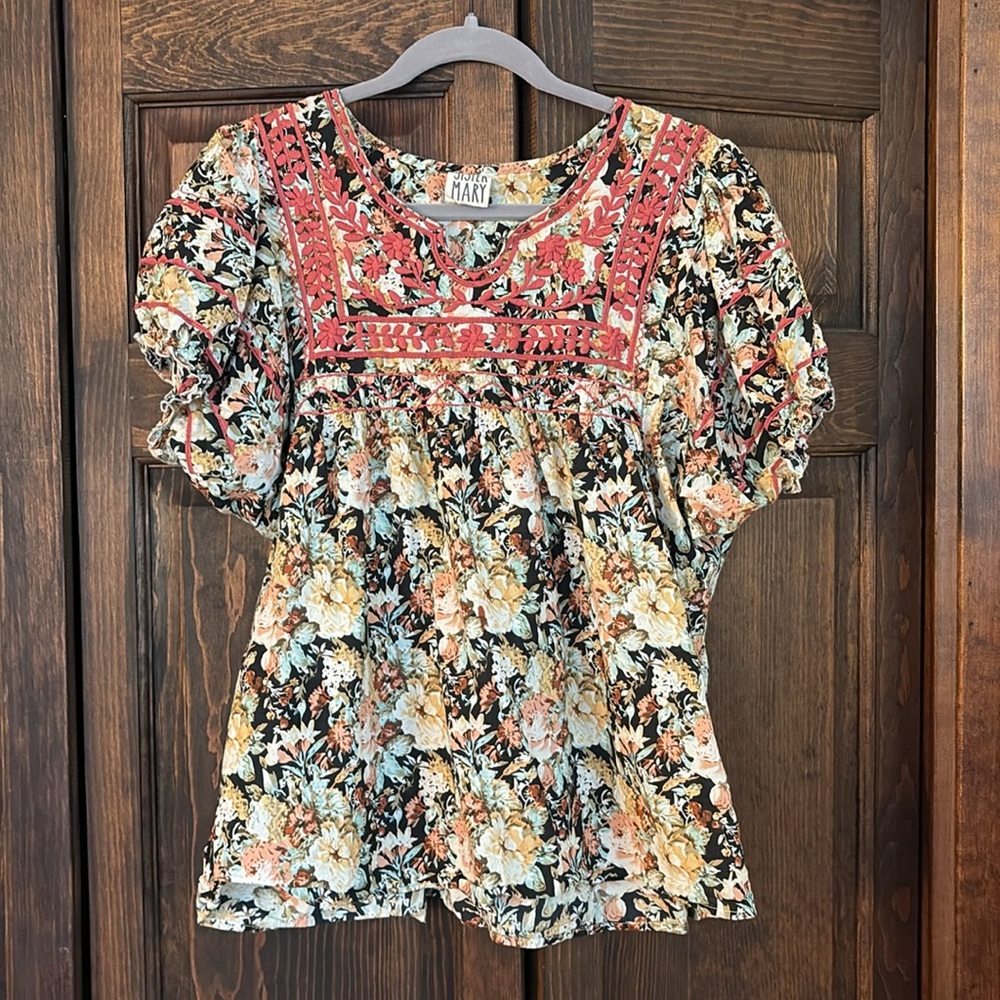 Sister Mary black cotton floral embroidered blouse large
